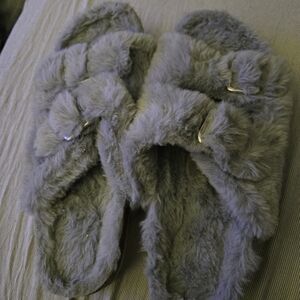 Cozy Gray Furry Slippers And Leopard 2 Band Slides.